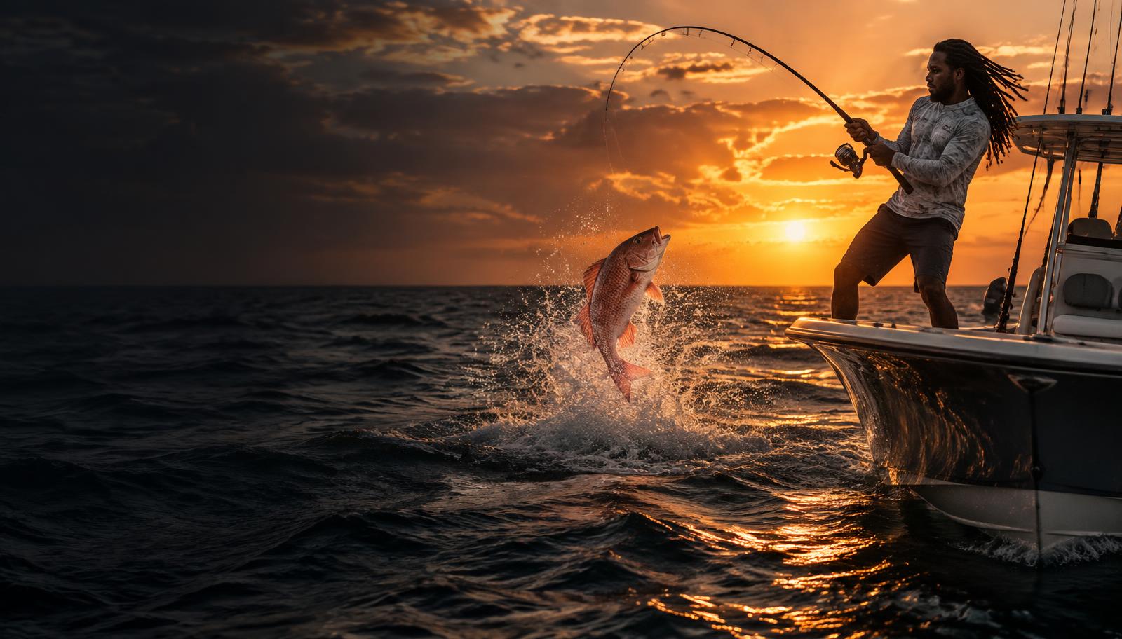 Black angler with long dreadlocks on a center-console boat at sunset, fighting a leaping red snapper in a Flyy High long-sleeve fishing shirt
