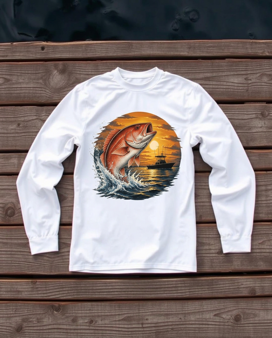 White Offshore Long Sleeve fishing shirt with a red snapper, sunset, and fishing boat graphic