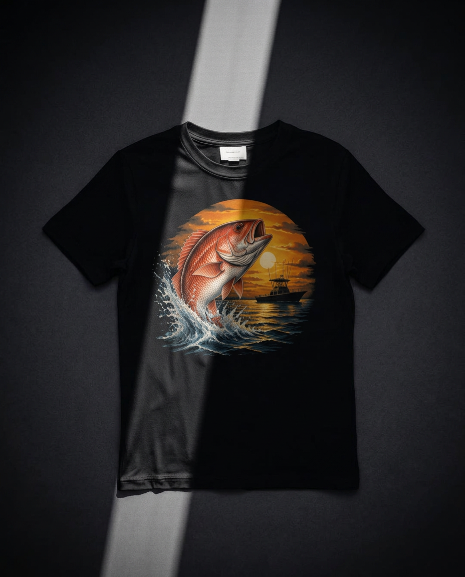Black Signature Tee with a red snapper, sunset, and fishing boat graphic